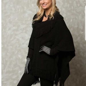 Black Poncho with fringe and pocket